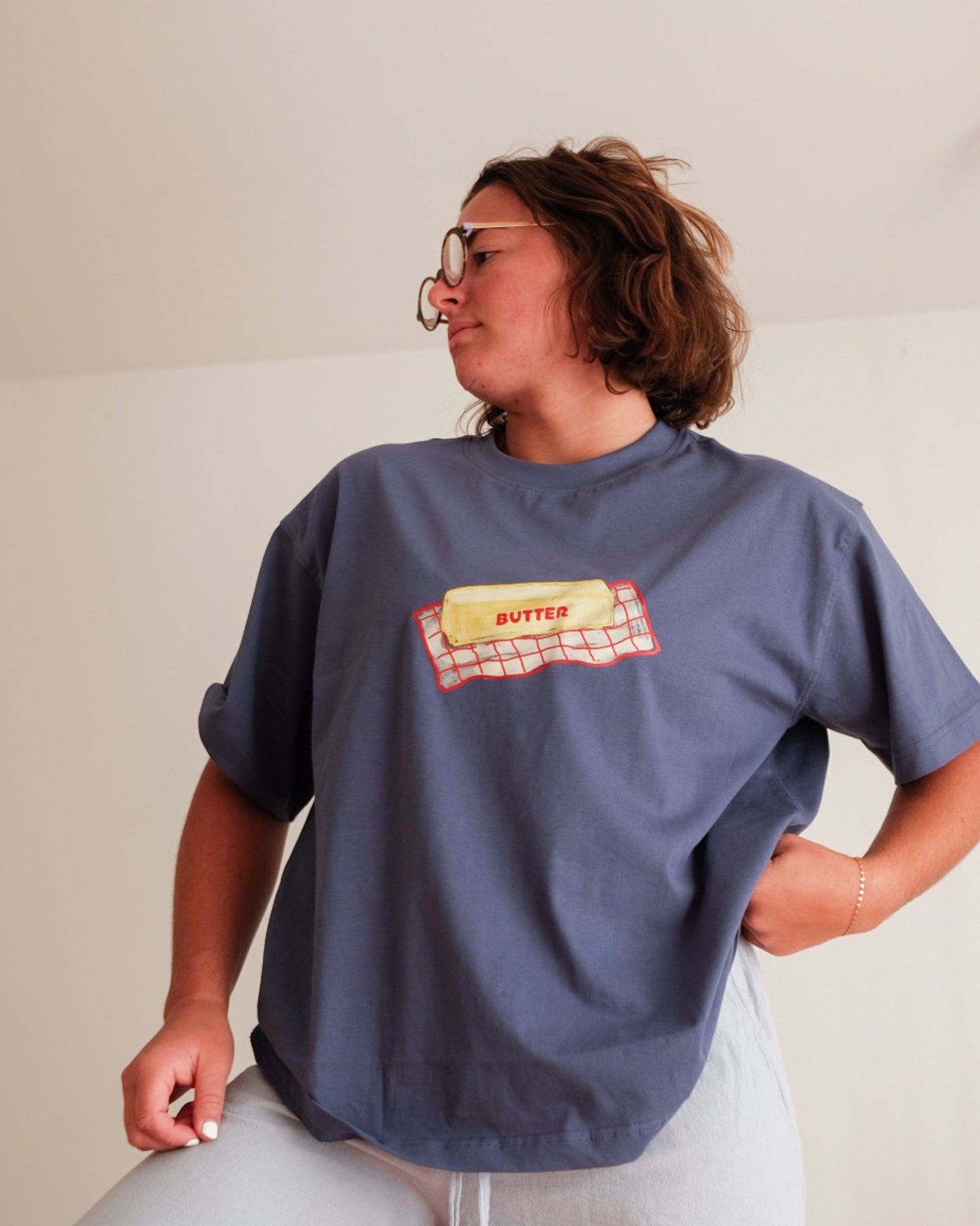 woman's checkered butter dish tee - Pigeon said please