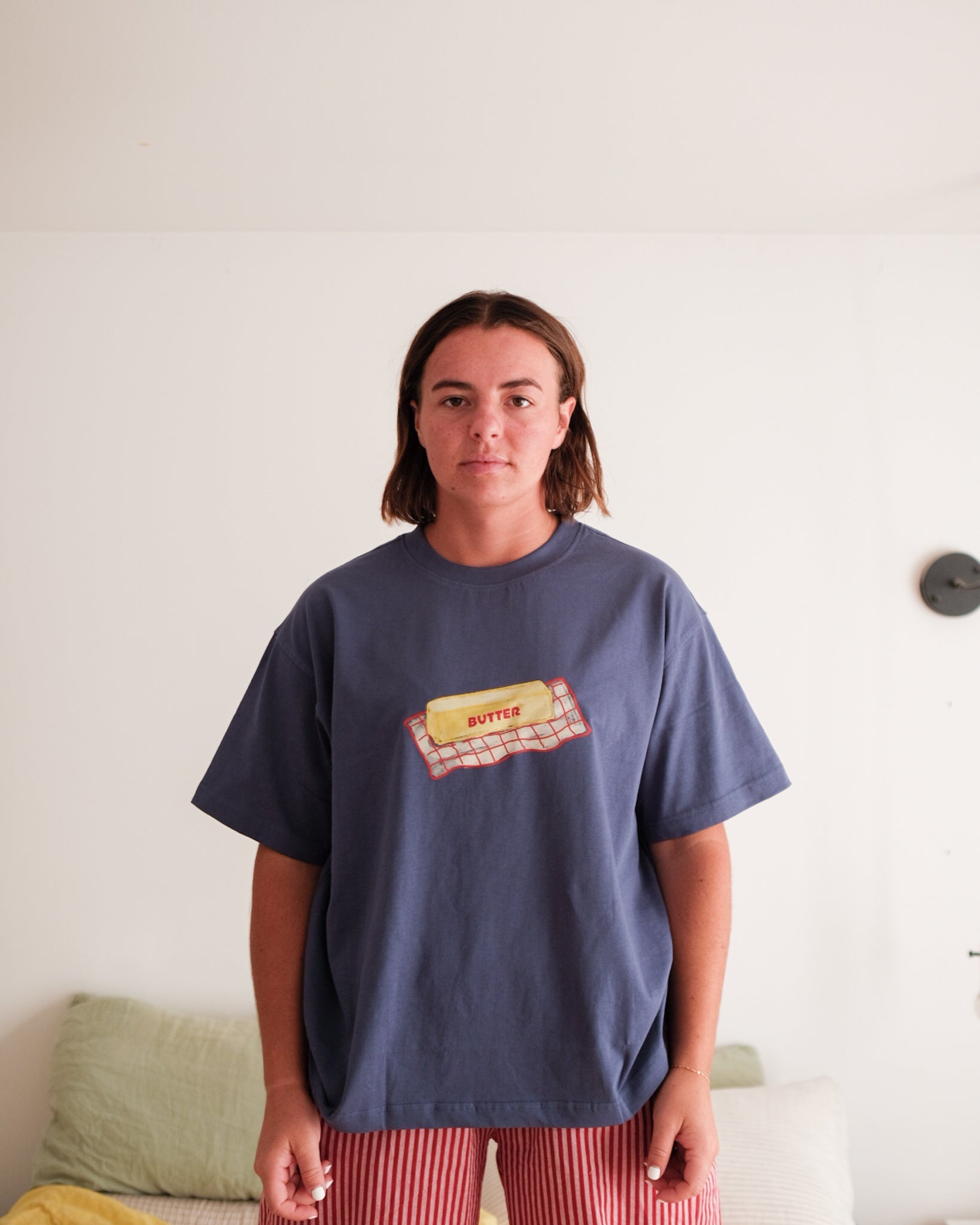 woman's checkered butter dish tee - Pigeon said please