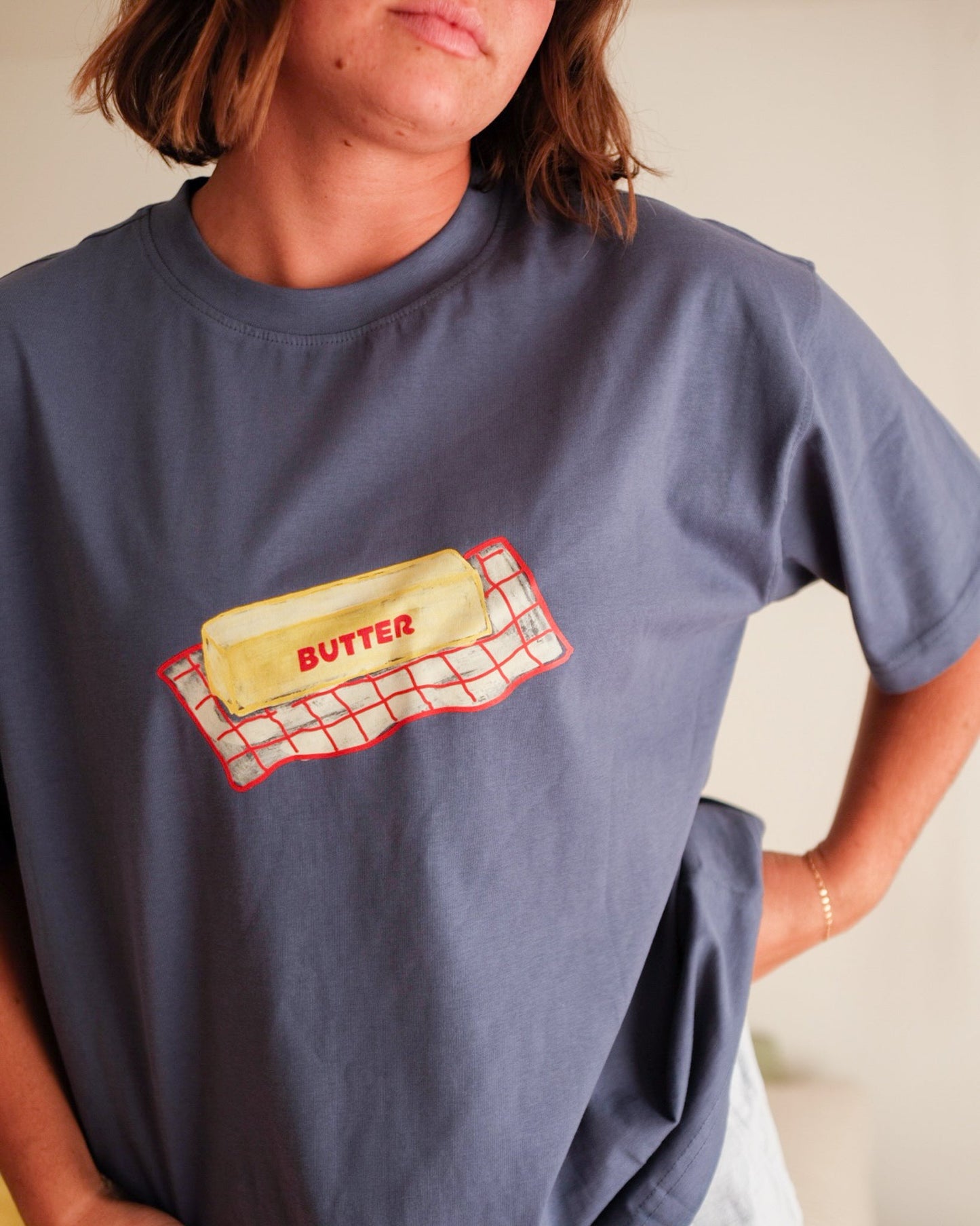 woman's checkered butter dish tee - Pigeon said please