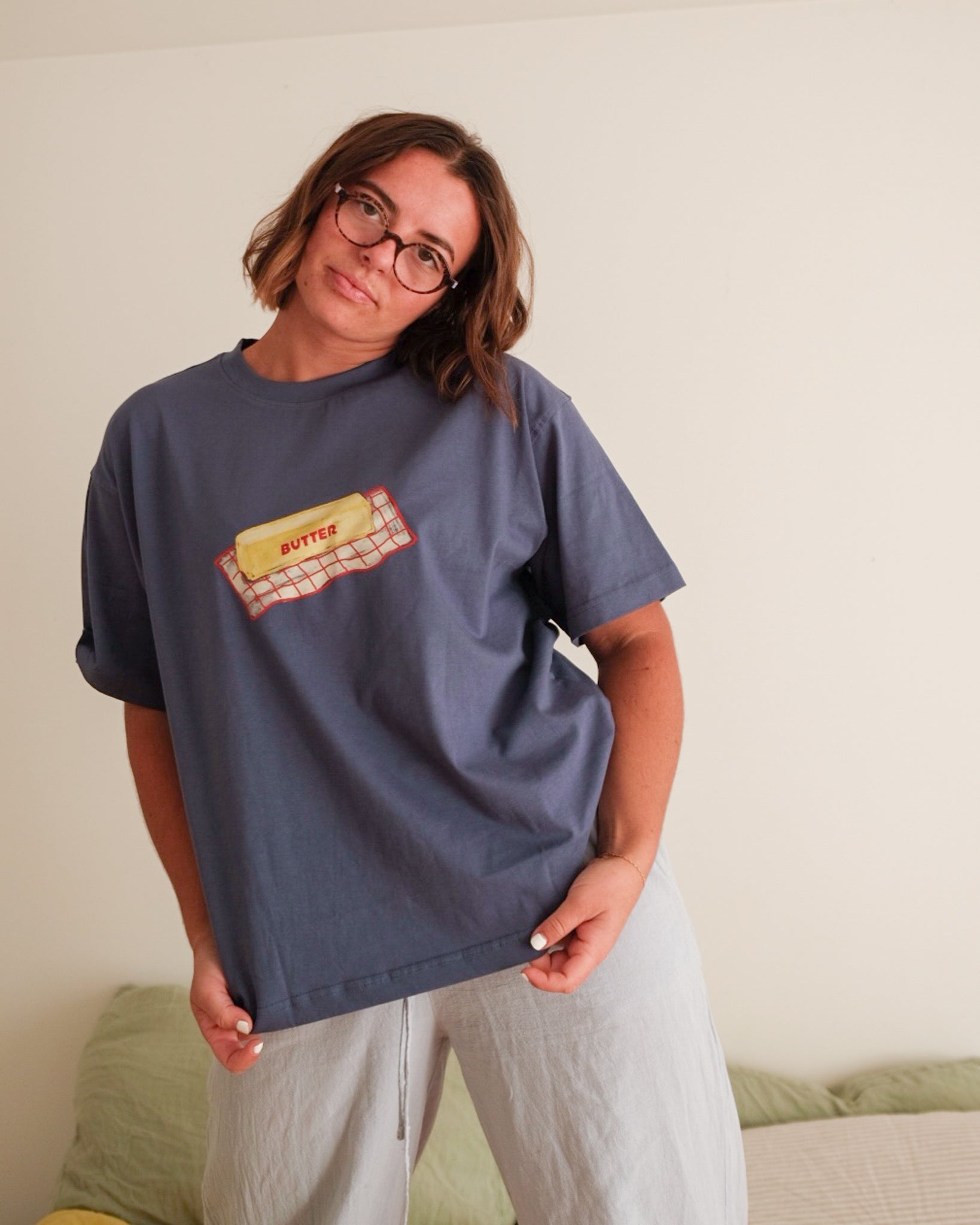 woman's checkered butter dish tee - Pigeon said please
